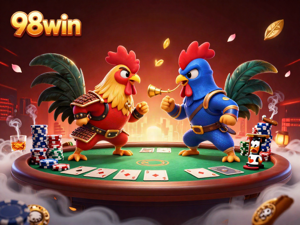 Engage in poker strategies with the animated duel of 98win's fighting roosters at a vibrant casino.