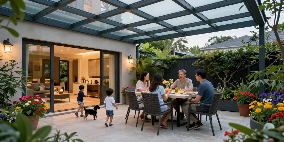 Moderne Terrassenüberdachung schützt Familie bei Outdoor-Aktivitäten.
