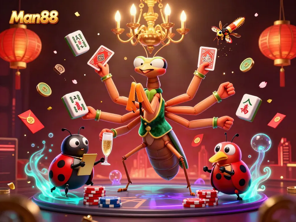 Engage with Man88's vibrant online casino scene featuring dynamic characters and immersive gambling elements.