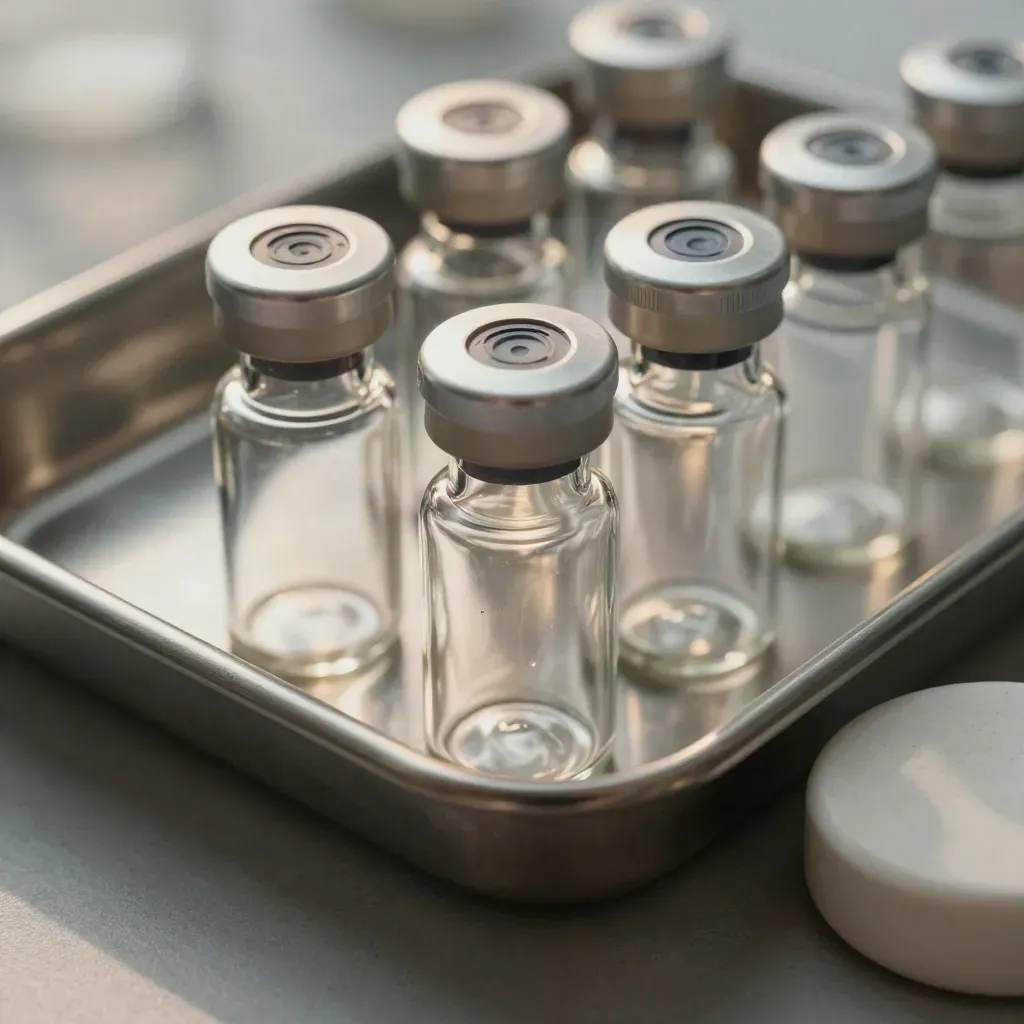 Makro von Glasreagenzvials auf Edelstahltablett mit Keramikabstandhalter und feinem Dunst.