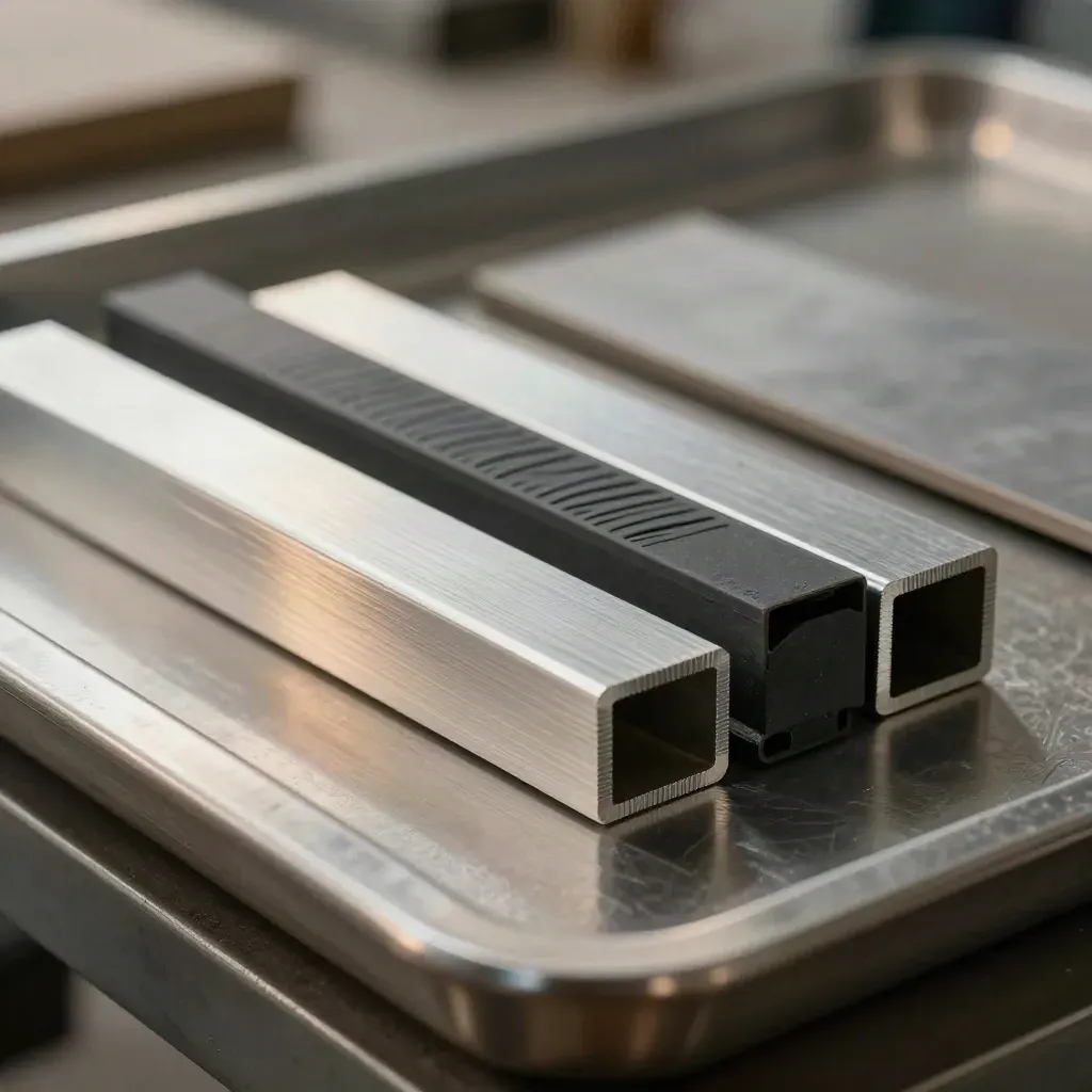 Top-Down-Makro von Aluminiumprofilen, Gummidichtung und Eckwinkel auf gebürstetem Stahl.
