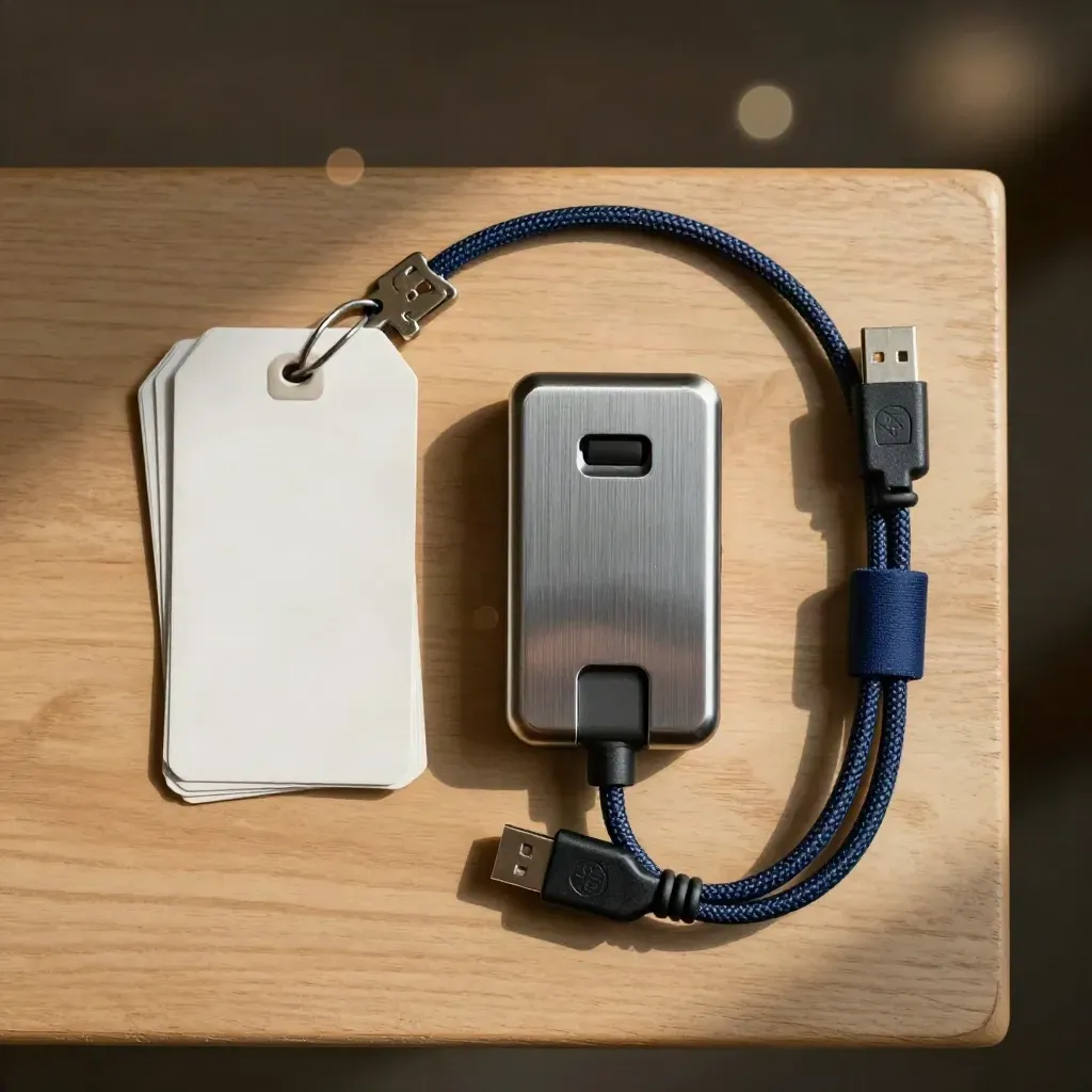 Draufsicht auf RFID-Etiketten, Scannerhalter und geflochtenes USB-Kabel auf hellem Holz.