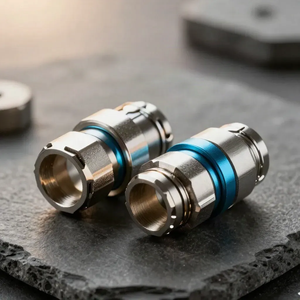 Zwei Quick-Connect-Kupplungen mit Brushed-Metal-Kragen und cyanem Distanzring im Makro