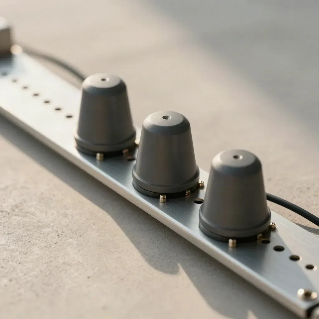 Drei Statusmodule auf perforierter Metallschiene im weichen Tageslicht.
