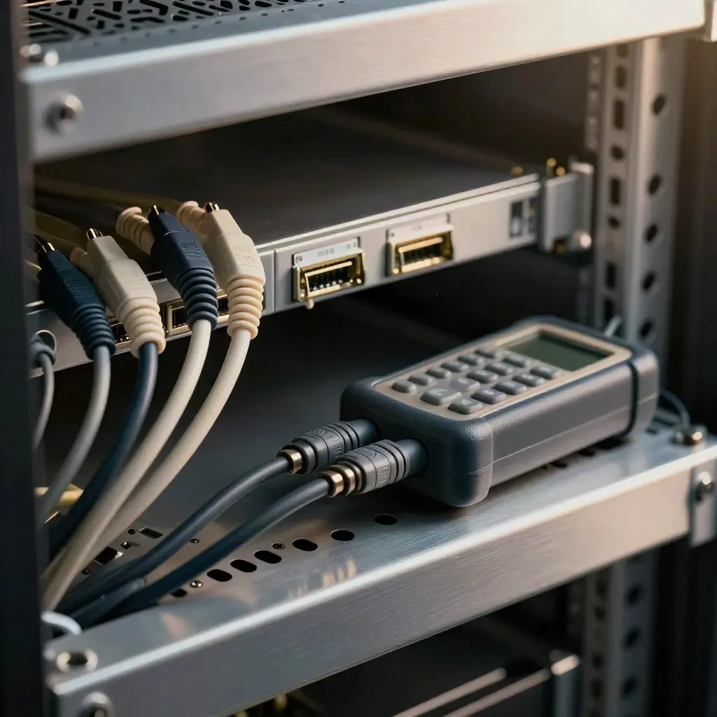 Nahaufnahme von Netzwerkkabeln, SFP-Modulen und einem Kabeltester im Serverrack.