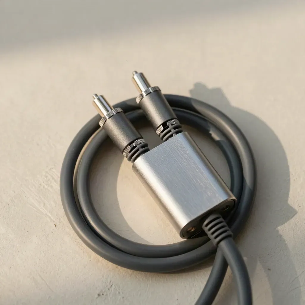 Geflochtenes Patchkabel mit Dock und zwei Adaptern auf hellem Putz im Streiflicht