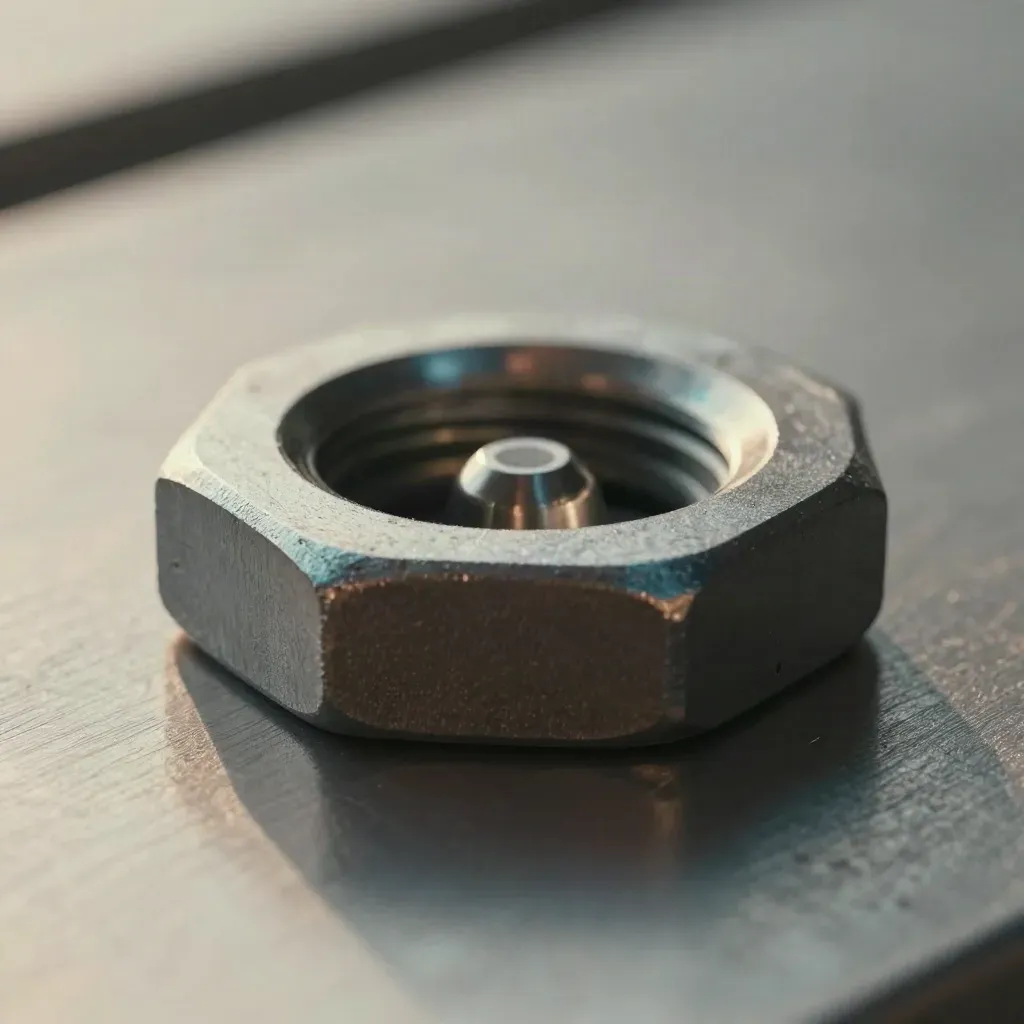 Metallische Verbindungsteile und Hex-Gehäuse auf gebürstetem Stahl mit cyanfarbenem Glanz