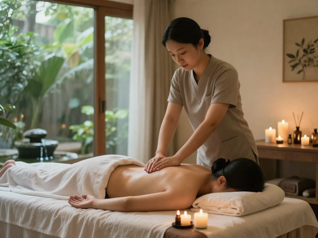 일산출장안마 massage therapy setting with peaceful ambiance and soothing elements.