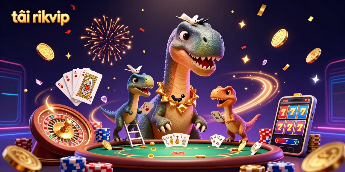 Play exciting casino games and tải rikvip with dynamic 3D illustration featuring fascinating characters and vibrant elements.