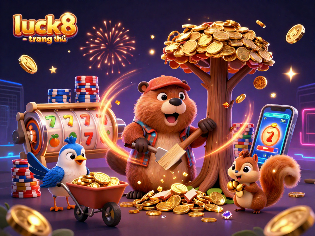 Engage with luck8 - trang chủ by witnessing a vibrant 3D scene displaying a beaver and friends collecting golden coins from a jackpot.