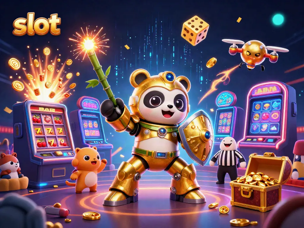 Experience thrilling slot action with a golden panda in a mech-suit amidst casino elements.
