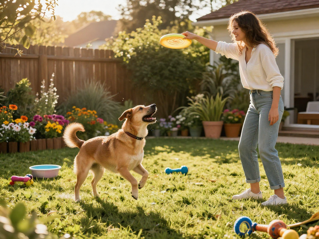 Dog playing with owner in backyard, showcasing joyful moments with DEWI111 theme.