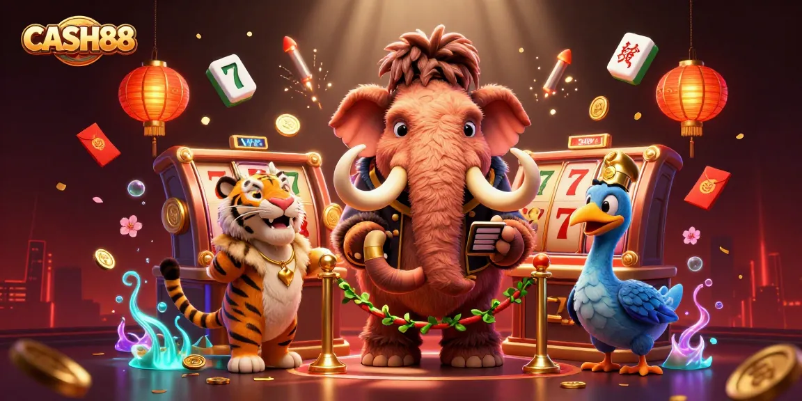 CASH88 showcases a vibrant 3D scene with a cartoon woolly mammoth checking IDs at a casino door, surrounded by dynamic game elements.
