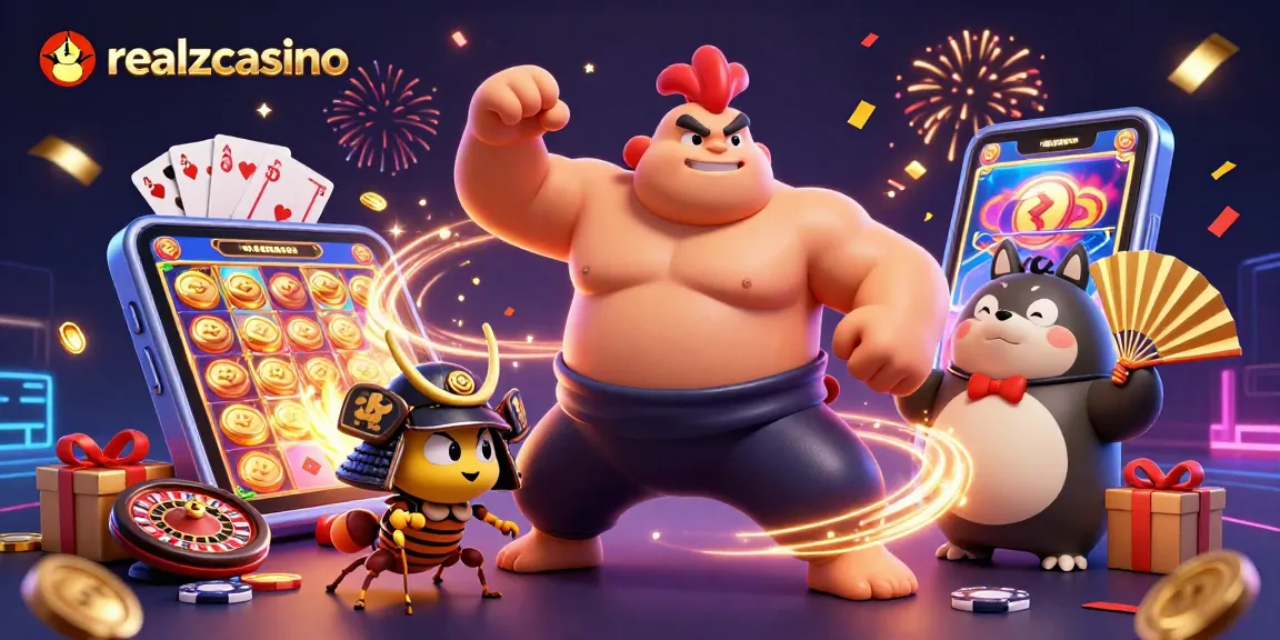 realzcasino bietet aufregende Casino-Spiele mit einem faszinierenden Sumo-Ringer und lebhaften Spielsymbolen.