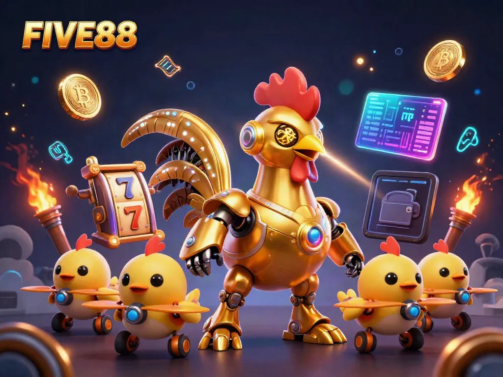Experience the excitement of FIVE88 with a golden rooster robot and dynamic casino elements.