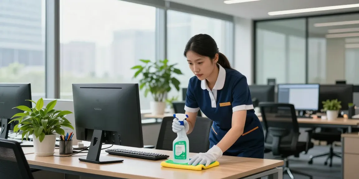 Die Gebäudereinigung Düsseldorf zeigt professionelles Reinigungspersonal bei der Arbeit in einem modernen Büro.