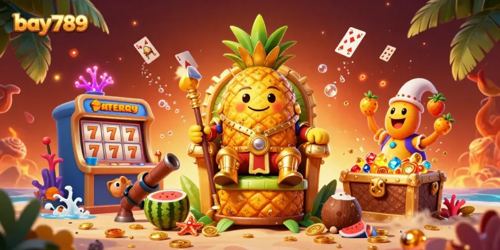Engage in thrilling games at bay789, featuring golden treasures, animated characters and vibrant casino elements.