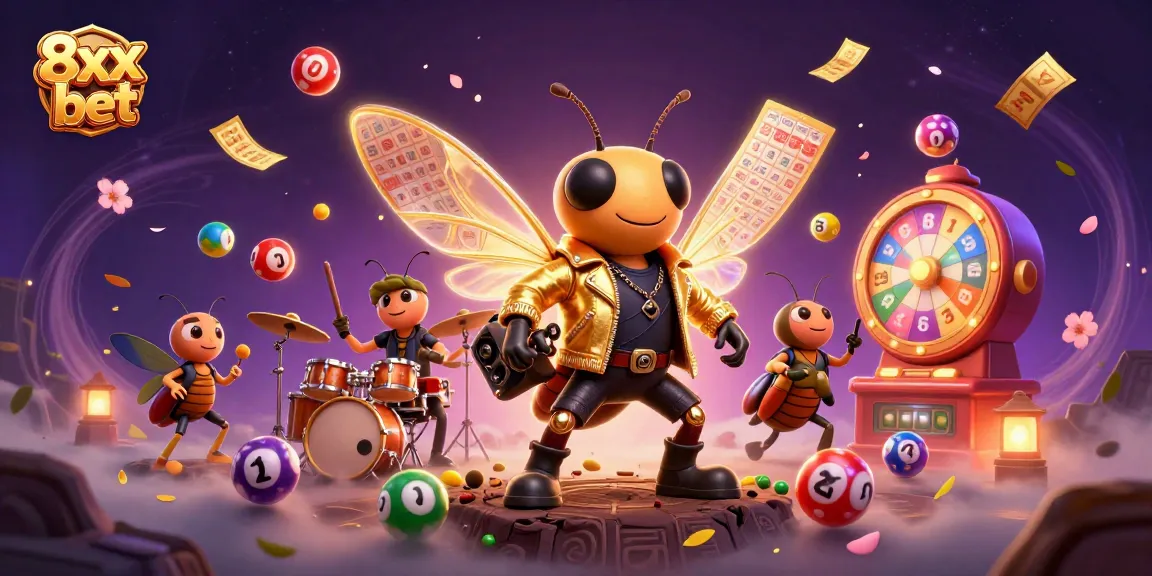 Experience the excitement of 8xx bet with a lively scene featuring a rock star cicada and vibrant lottery elements.