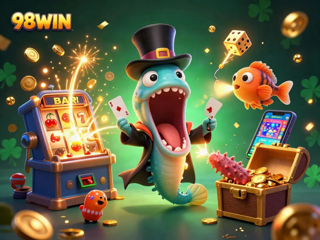 Experience the thrill of 98WIN with animated characters in a magical casino setting, engaging in vibrant card tricks.