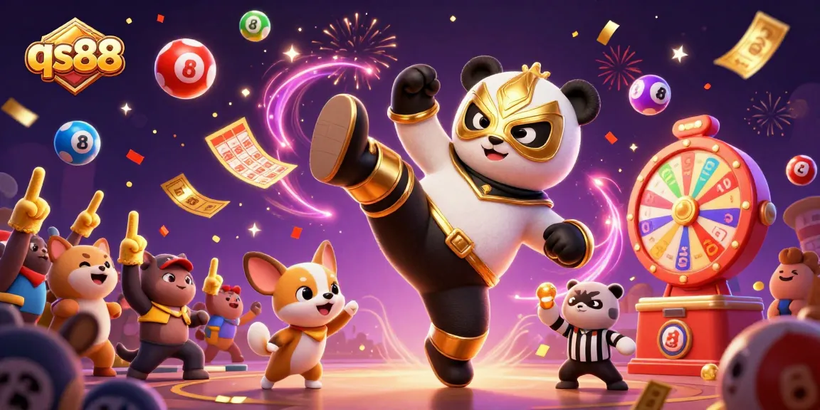 qs88 showcases an exciting scene with a panda wrestler and animal spectators enjoying lively lottery festivities.