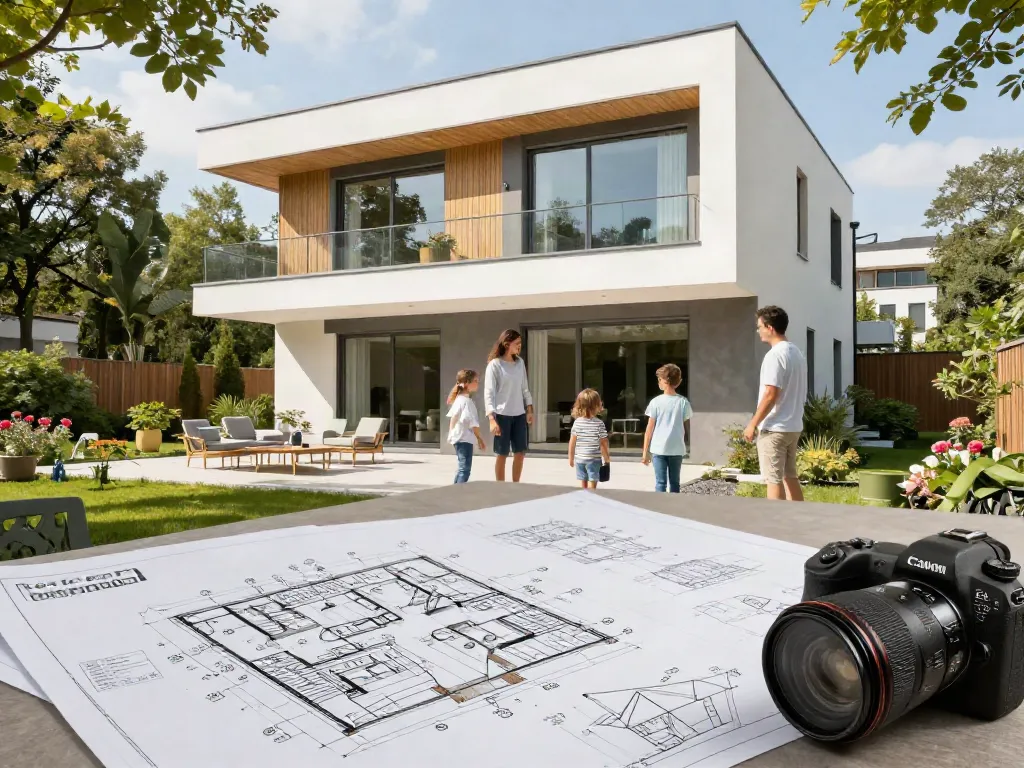 Haus Bauen Wien - Moderne Architektur und Familie erkundet neues Zuhause in Wien.