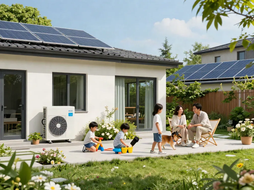 Wärmepumpe Kosten und nachhaltiges Wohnen in einem modernen Garten mit glücklicher Familie.