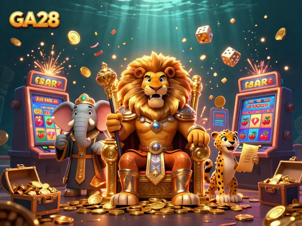 Experience the thrill of GA28 with vibrant gameplay elements and dynamic characters in this animated casino illustration.