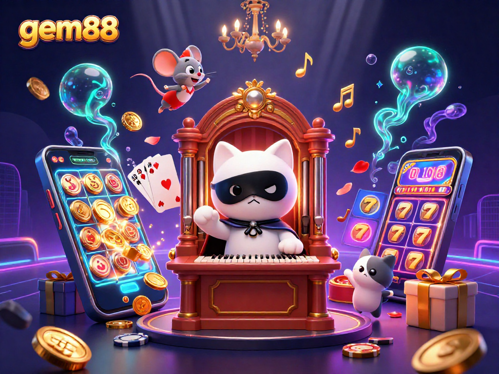 Experience the excitement at gem88 with a dazzling casino scene featuring vibrant slot games and character action.