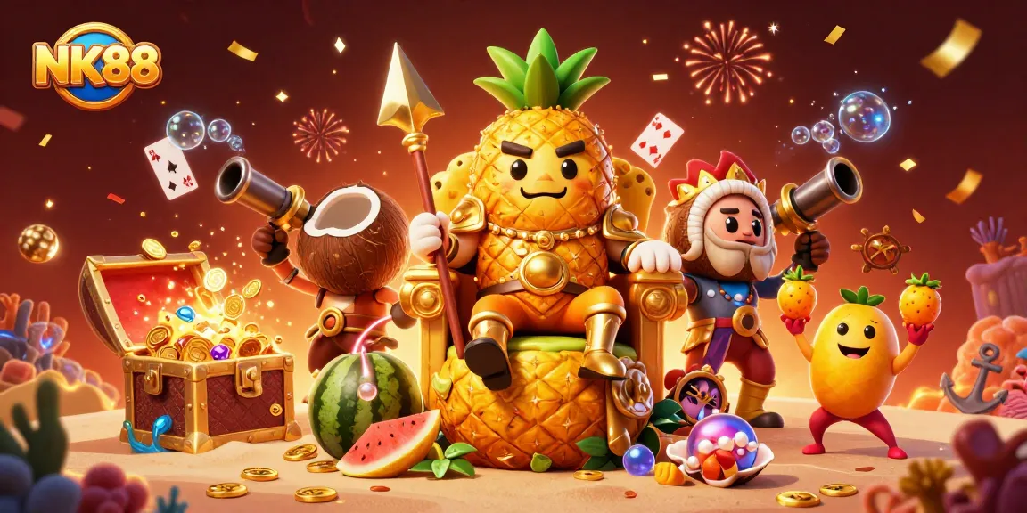 Join the fun at NK88 with a colorful casino scene featuring a pineapple king, surrounded by treasure and excitement.