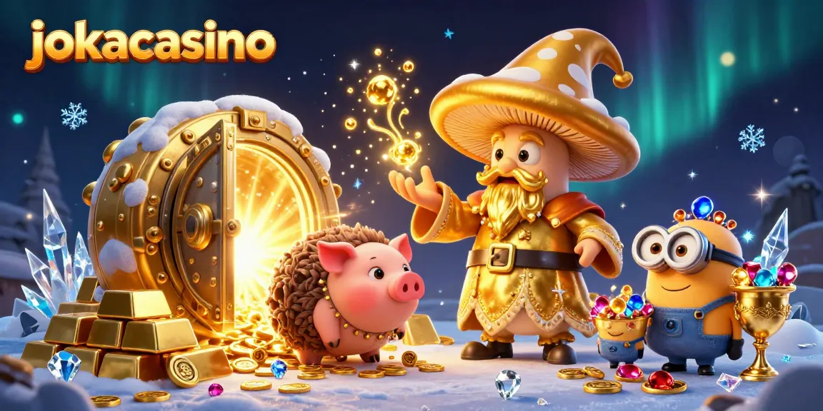 Engage in thrilling gameplay at jokacasino with the magical 3D illustration showcasing treasure and wizards.