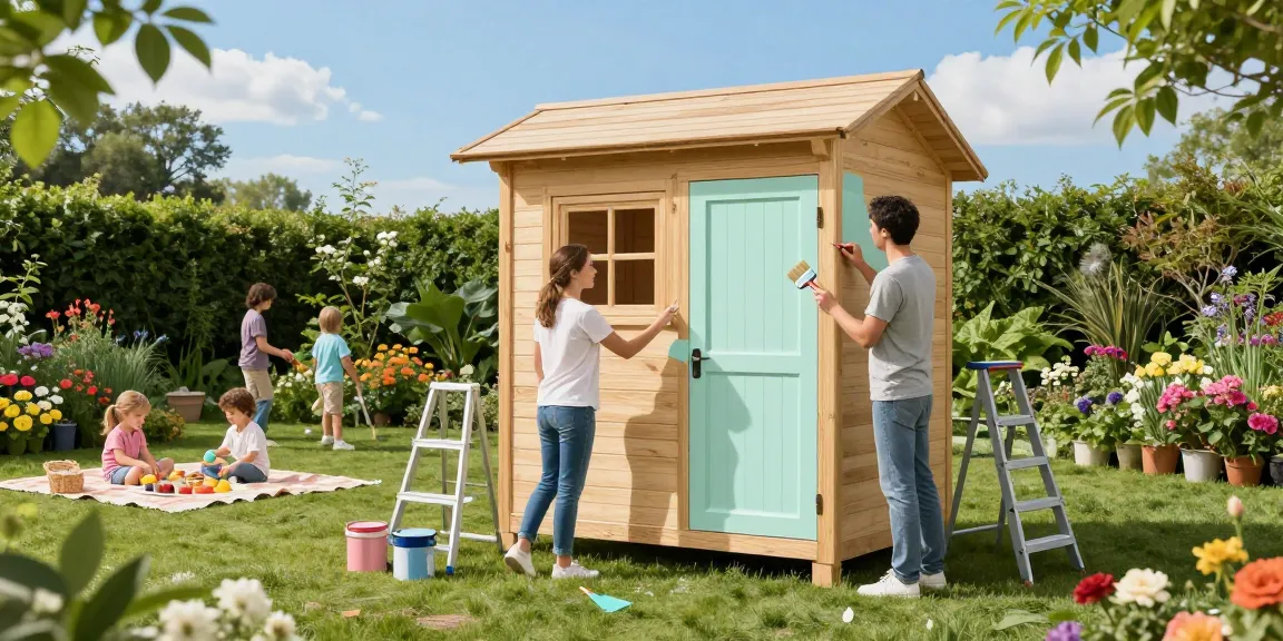 Gartenhaus in schöner Umgebung mit bunten Blumen, Familie genießt den Garten, DIY-Projekt am Wochenende.
