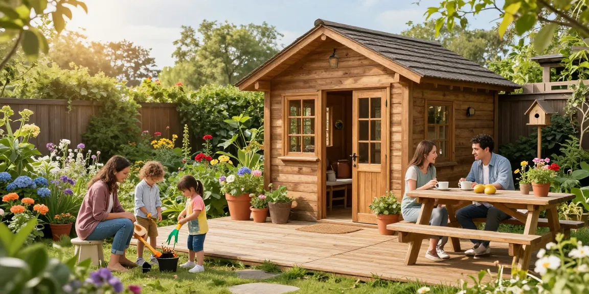 Gemütliches Gartenhaus aus Holz umgeben von bunten Blumen, Familie genießt Kaffee und Spielzeit im Garten.