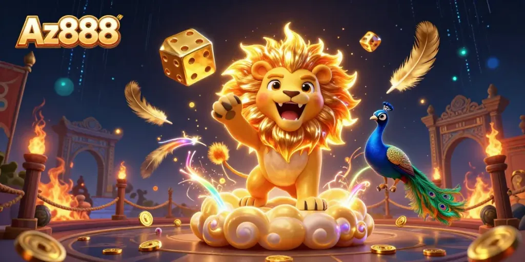 Experience Az888's thrilling casino atmosphere with a majestic lion and golden dice in a vibrant 3D scene.