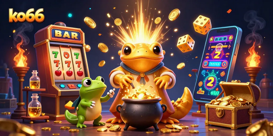 Experience the excitement of ko66 with a dynamic 3D casino scene featuring alchemists, gold, and slot games.