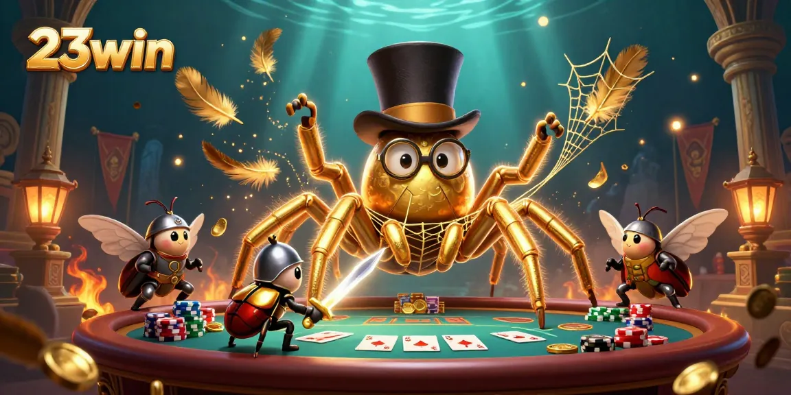 Engage with 23win's vibrant poker scene featuring a golden tarantula and beetle knight amidst dynamic casino action.