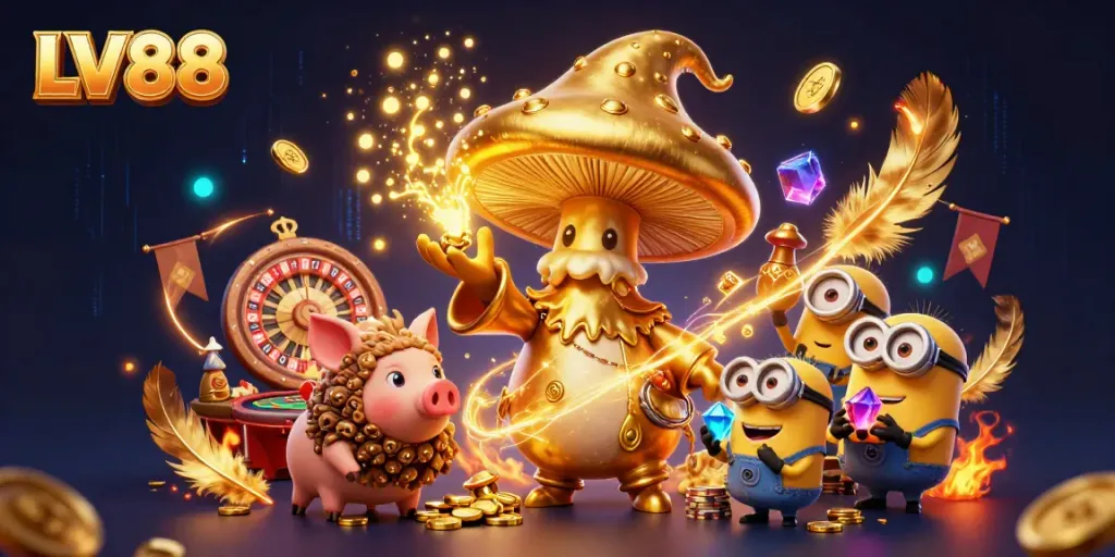 Experience thrilling casino magic with LV88's golden wizard and treasure-seeking characters.