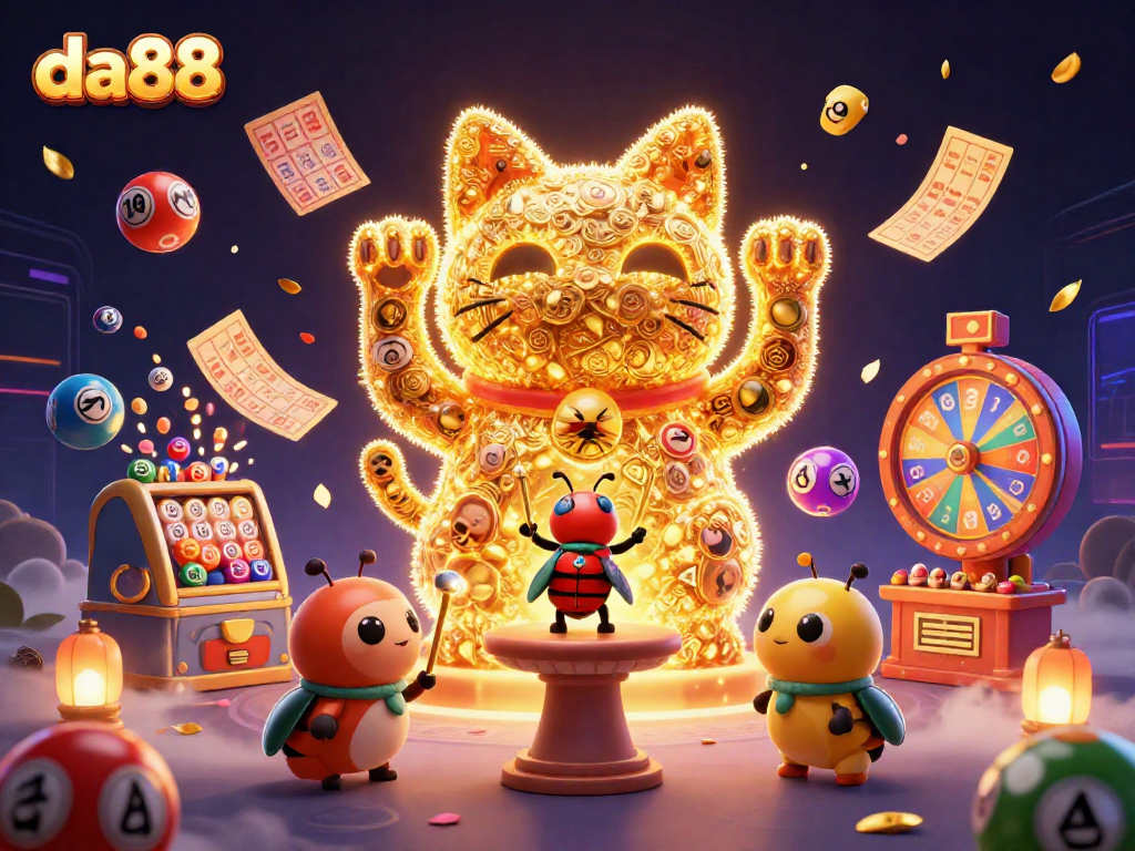 Experience excitement at da88 with a vibrant illustration of a lucky cat and colorful gaming elements.