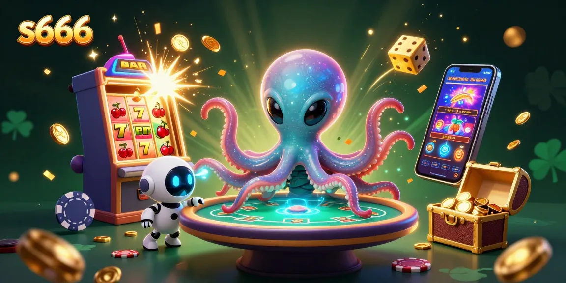 Play with vibrant s666 casino elements illustrated by a 3D alien octopus at a poker table.