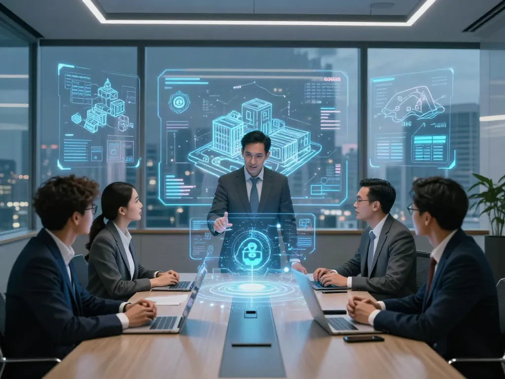ROKOK88 property investment discussion featuring diverse professionals with holographic displays in a modern setting.