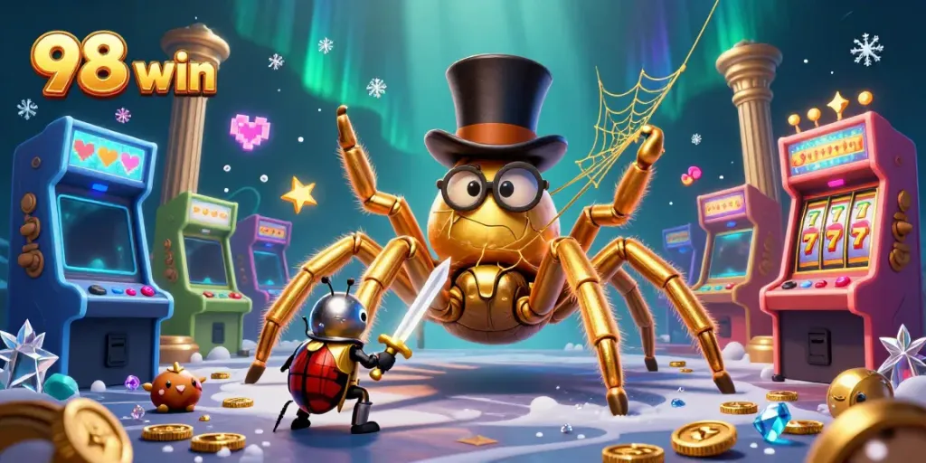 Experience thrilling gaming adventures with 98 win showcasing a giant golden tarantula and heroic beetle.