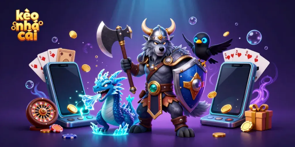 Engage with kèo nhà cái in an epic scene featuring a Viking warrior, dragon, and raven amid vibrant casino elements.