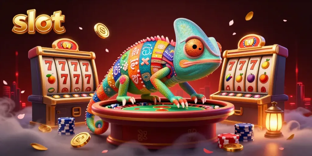 Experience thrilling slot action with a vibrant scene featuring a chameleon casino owner amid jackpots and lucky symbols.
