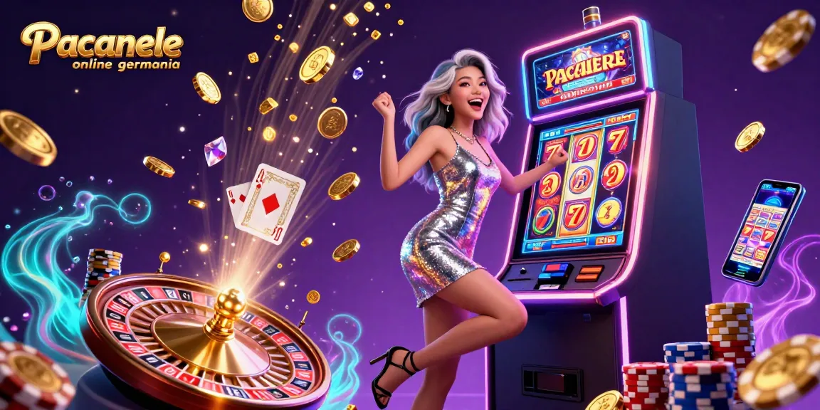 Experience thrilling Pacanele online germany gameplay with a vibrant slot machine jackpot celebration.