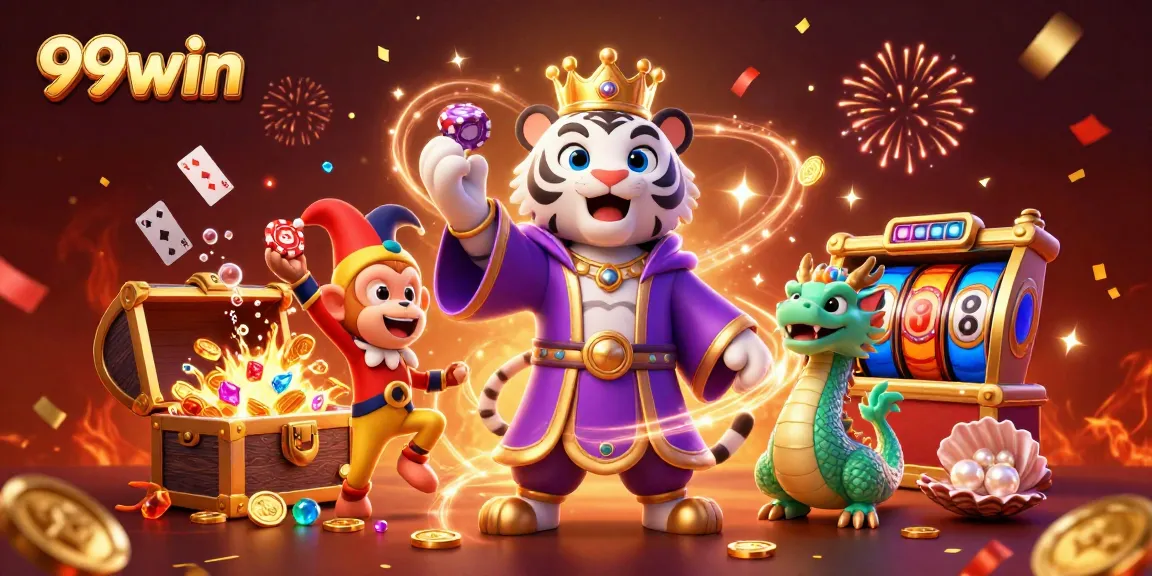 Experience exciting games at 99win with the playful scene of a royal tiger and vibrant characters