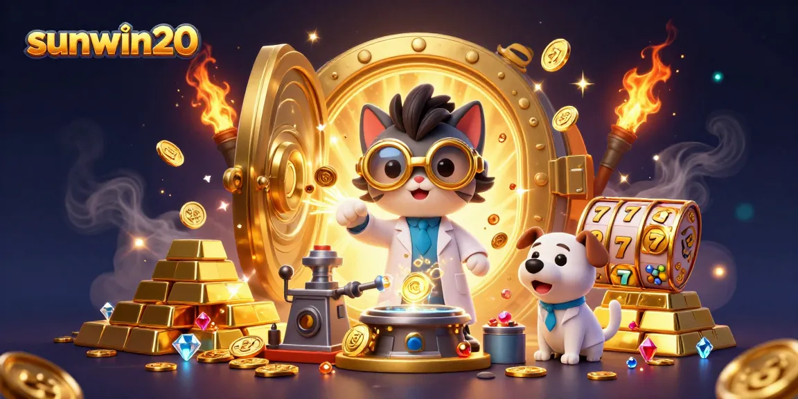 Spin and win at sunwin20 with the mad scientist cat and dog amid cascading gold and jackpot riches.