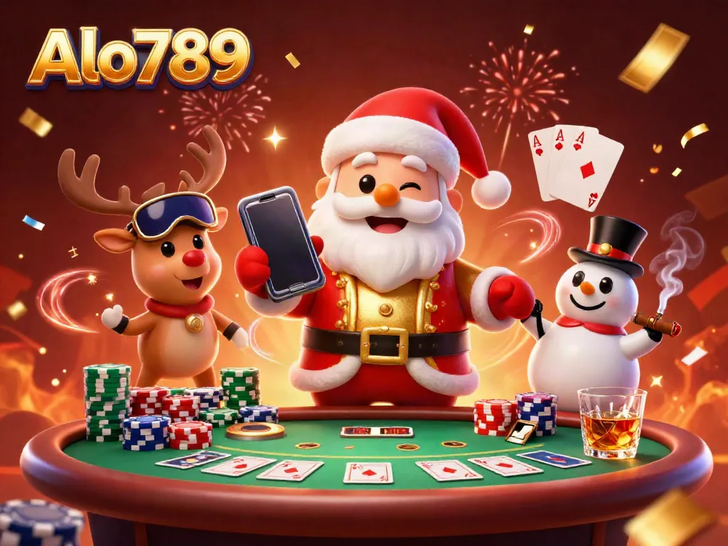 Alo789 brings excitement with a casino-themed scene featuring a joyful Santa with slot machines and poker elements.