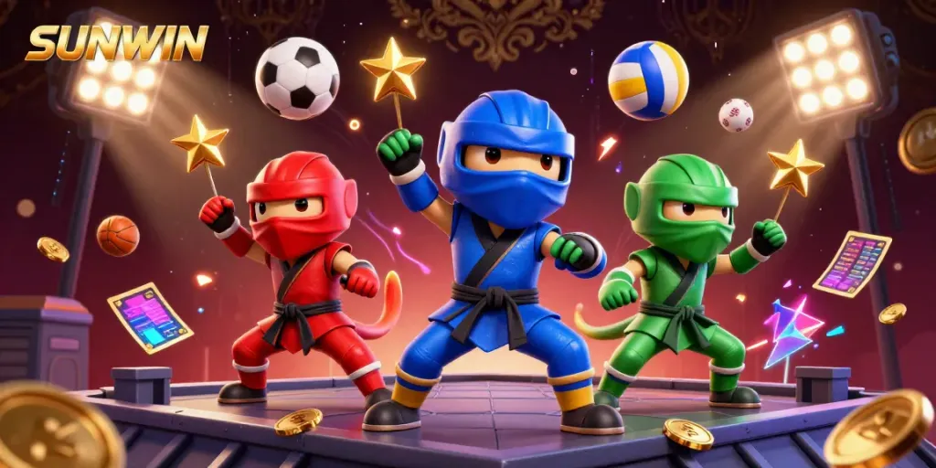 SUNWIN showcases ninja chameleons surrounded by sports elements in an exciting online gambling illustration.