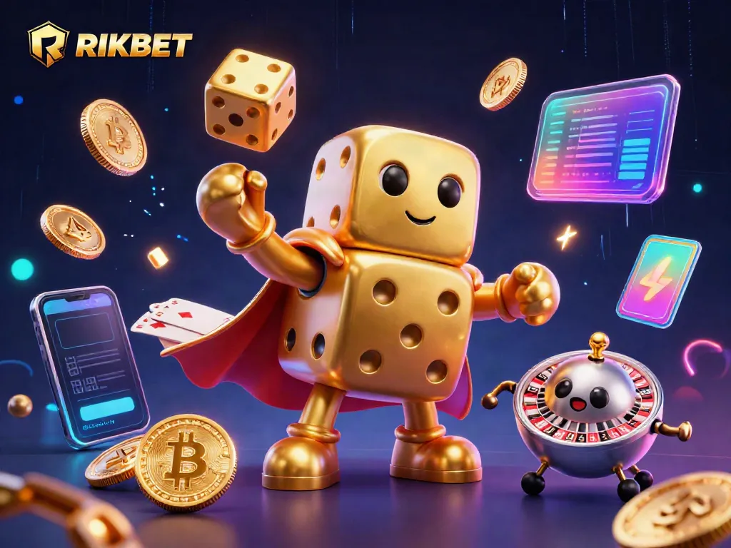 RIKBET entertains with stunning 3D illustration of a golden dice golem in a vibrant casino scene.