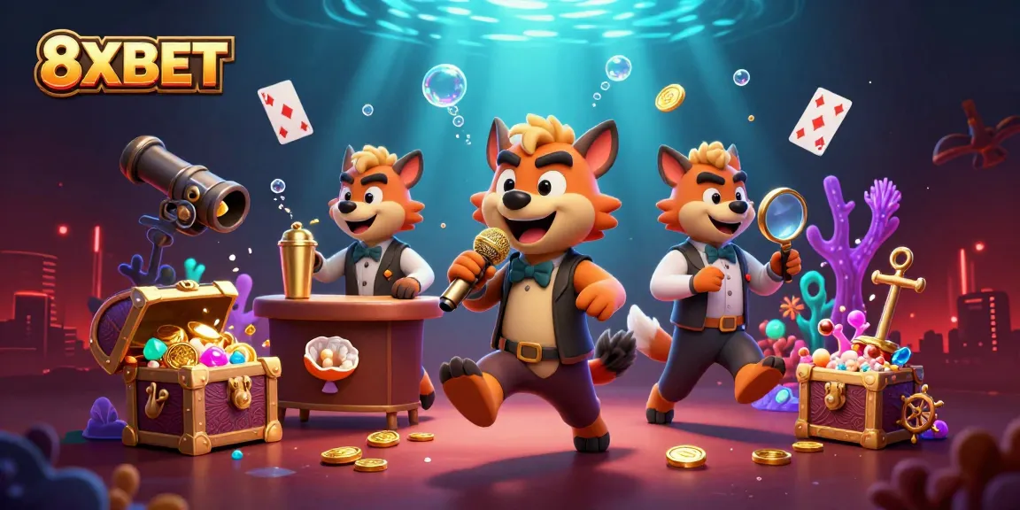 Engage with 8XBET in a vibrant casino scene filled with hyenas hosting a comedy night.