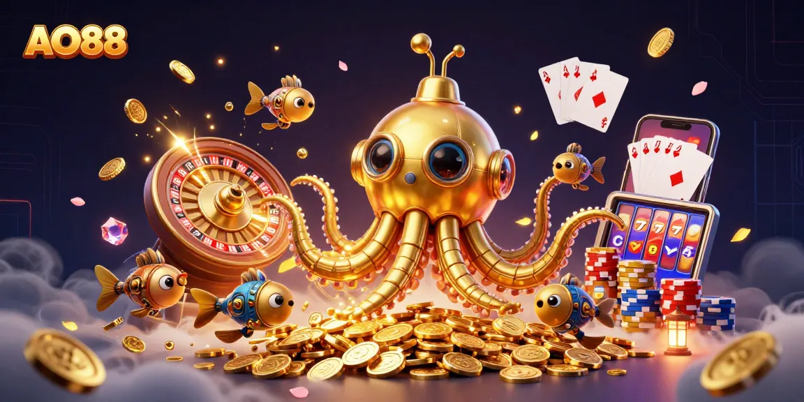 Spin the 3D roulette wheel and uncover treasures with AO88 surrounded by dazzling casino elements.